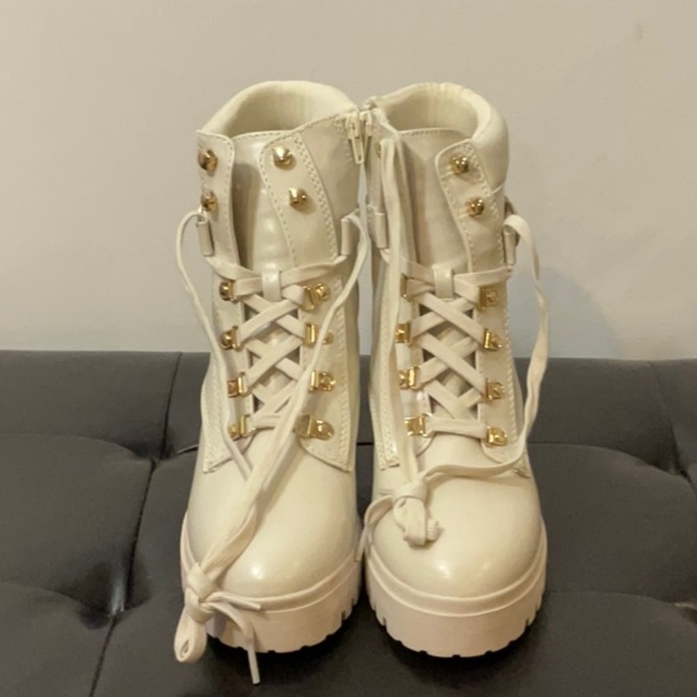 Wild Pair White Combat Boots with Gold Accents